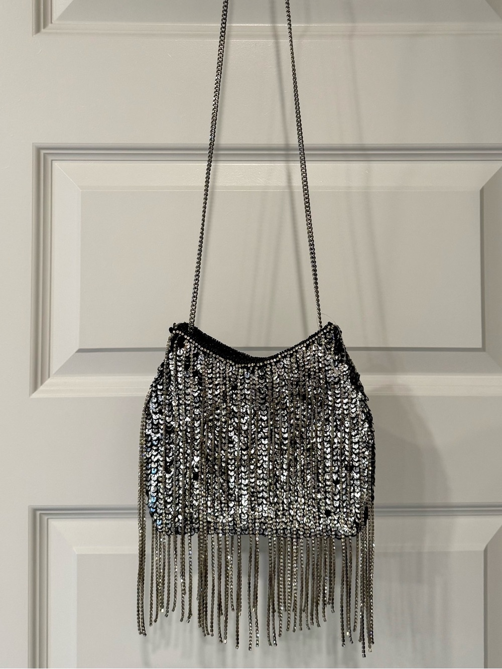 Silver & Black Rhinestone Sequin Fringe Chain Shoulder Bag Y2K Evening Purse